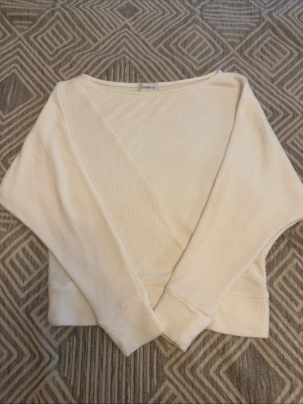 Evereve Cream Wrap-Style Ribbed Knit Crewneck Sweater